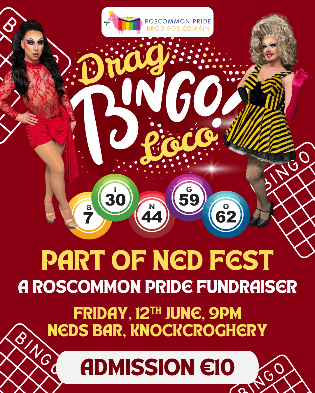 Promotion for "NEDFEST" on 12th June, featuring "Drag Bingo Loco" with vibrant colors, drag performers, and bingo cards. Admission €10.